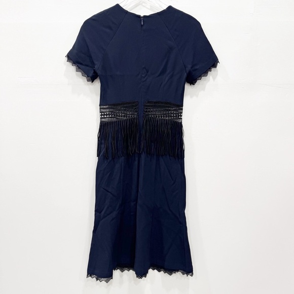 Jonathan Simkhai Navy Blue Black Crochet Fringe Fluted Dress Knee Length Size 2 - Picture 6 of 9